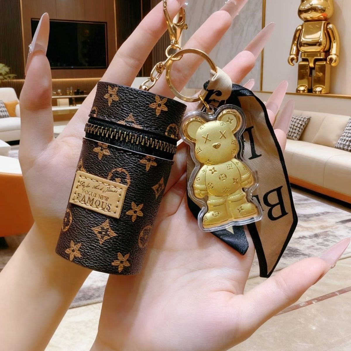 Vintage Monogram Charms Accessories - Luxury Bear Keychain with Zipper Pouch