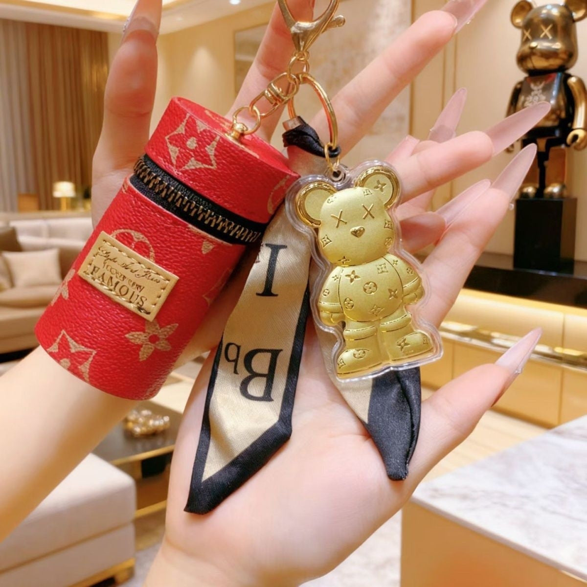 Vintage Monogram Charms Accessories - Luxury Bear Keychain with Zipper Pouch