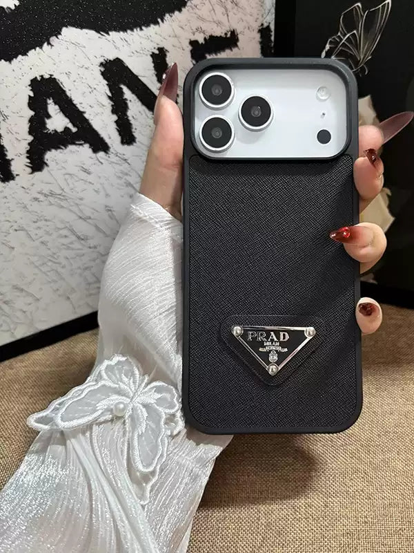 All-Black Triangle Logo Cross-Grain Leather Phone Case 🖤