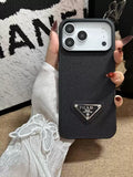 All-Black Triangle Logo Cross-Grain Leather Phone Case 🖤