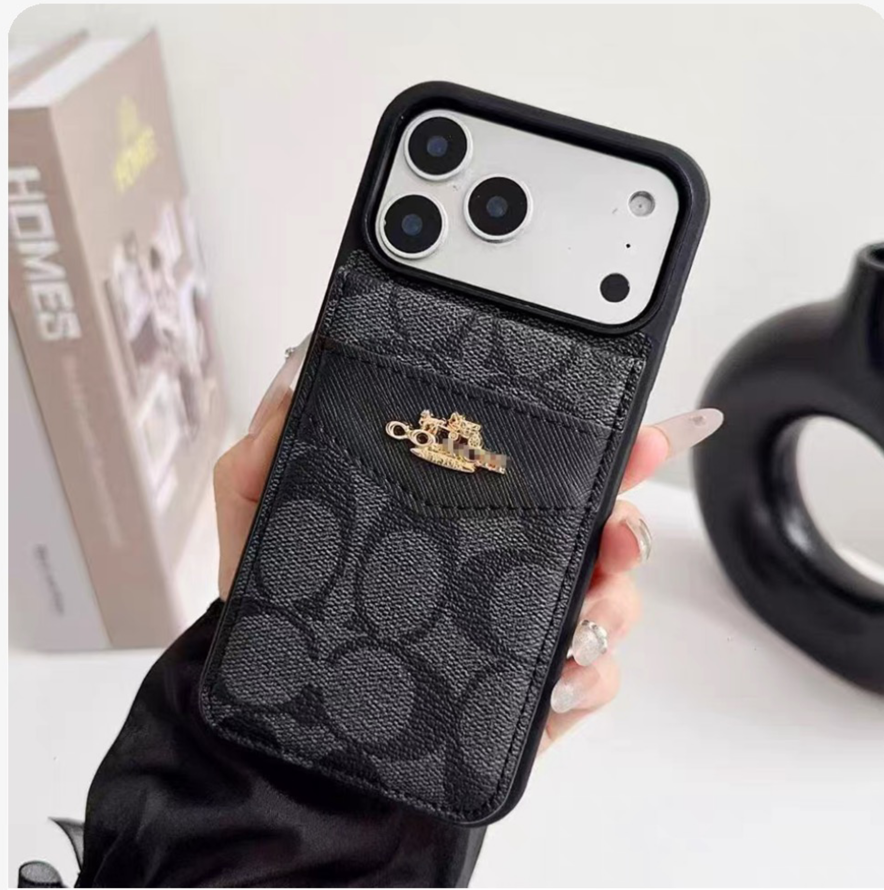 Luxury Classic Monogram Leather Phone Case with Card Holder & Stand